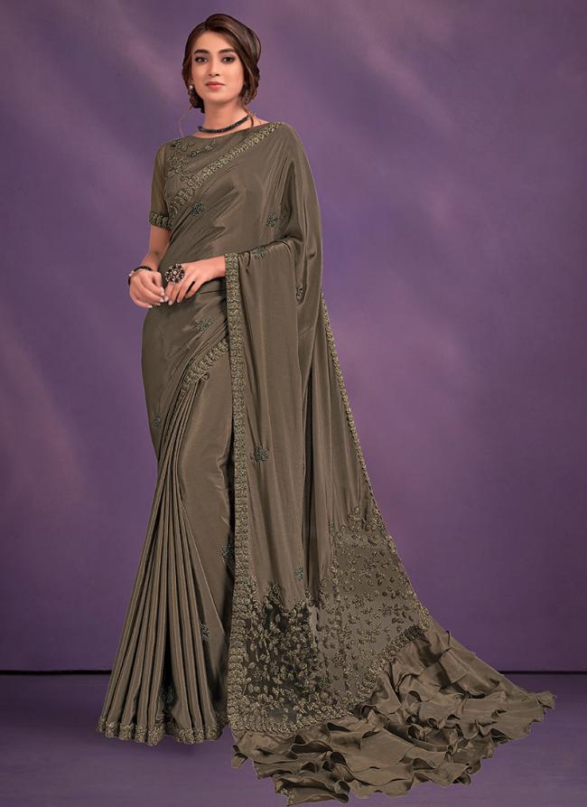 Crepe Dusty Brown  Wedding Wear Embroidery Work Saree